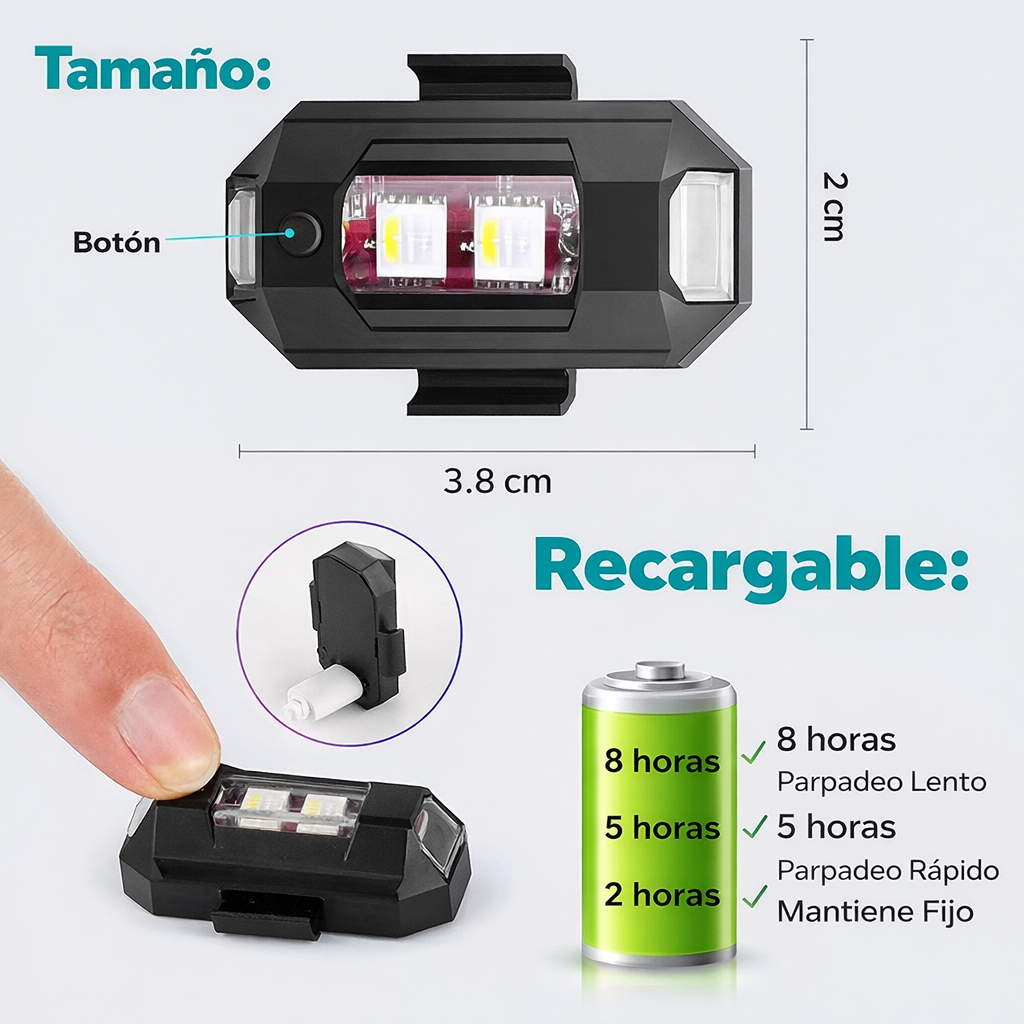 Luz de atención bicicletas, motos, autos y cascos.