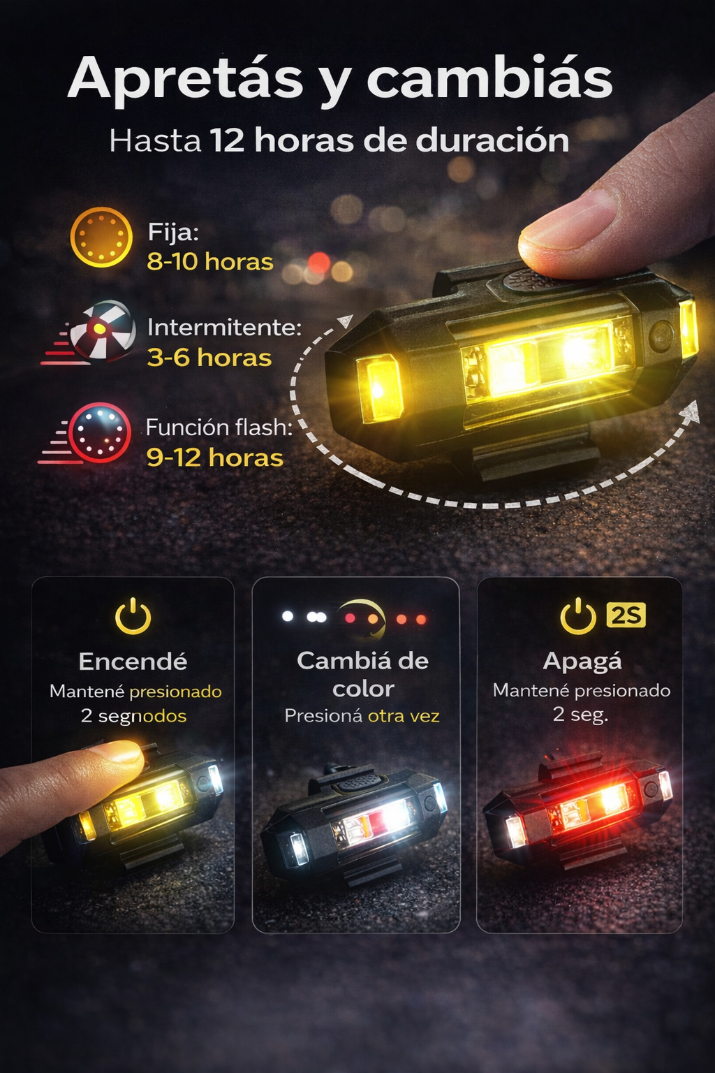 Luz de atención bicicletas, motos, autos y cascos.